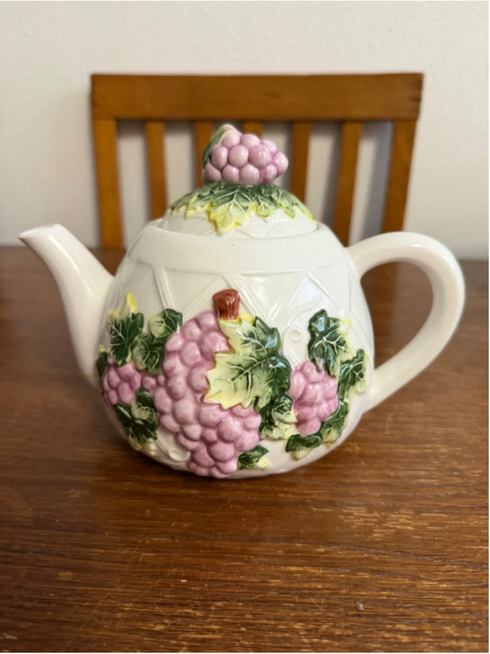 Vintage Ceramic Grape Teapot Embossed Basketweave Purple Grapes Raised Relief wi